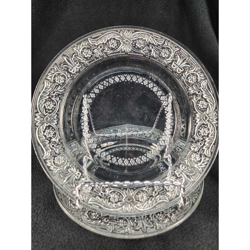 KIG Malaysia Trellis Fleur de Lis Dessert Bread Plates Set of 2 Clear Glass